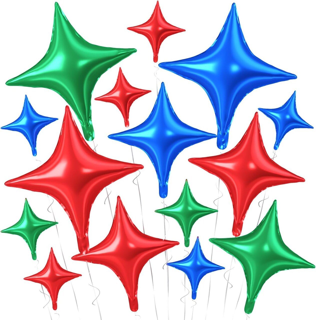 15PCS Red, Green & Blue Star Foil Balloon Set – 26/18/10 Inch Four-Point Star Helium Balloons for Christmas, Wedding, Birthday, Anniversary, and Baby Shower Party Decorations